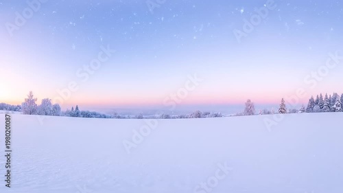 Serene Winter Landscape at Dawn with Soft Pastel Sky and Snowfall.