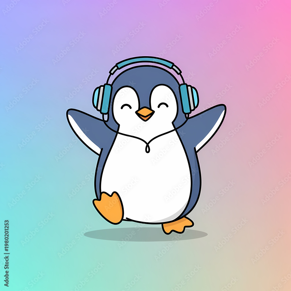 Fototapeta premium Cute cartoon penguin dancing with headphones illustration
