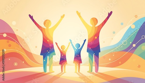 Colorful Silhouettes of Family Raising Hands in Sunshine
