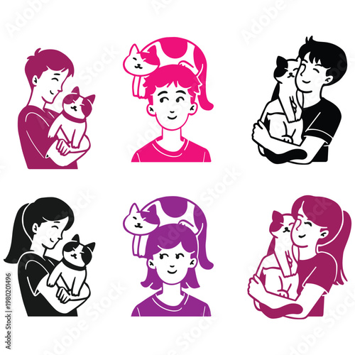 A collection of six stylized illustrations featuring young people with pets primarily dogs and a cat in a pink and black palette