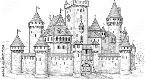 Detailed architectural illustration of a medieval castle with towers and walls