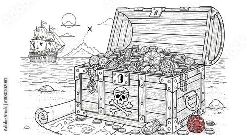 Treasure chest illustration with map skull coins gems and pirate ship