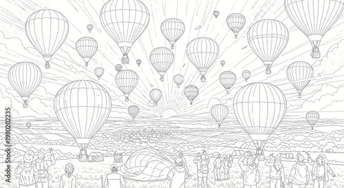 Hot air balloons ascending against a sunrise in a monochrome illustration