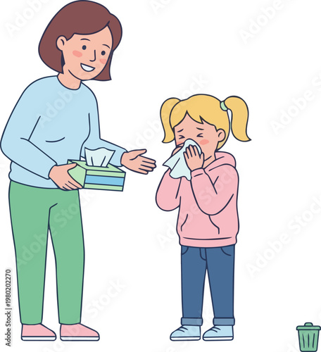 Caring mother offers tissue to daughter with runny nose during common cold or allergy season