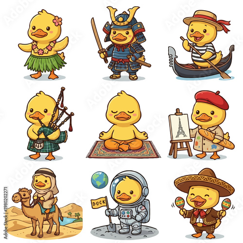 Set of 9 Cute Duckling Characters - Kawaii Yellow Duck Hula Dancer, Samurai, Gondolier, Bagpiper, Meditating on Rug, French Artist, Camel Rider, Astronaut on Moon, and Mariachi - Vector Illustration