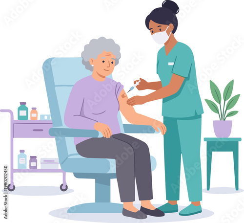 Elderly woman receiving vaccine injection from professional nurse for health, immunization, and senior protection in a medical clinic.