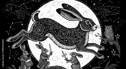 Artistic illustration of a hare with celestial elements and additional rabbits