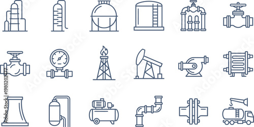 Set of oil and gas industrial icons featuring various refinery equipment and petroleum processing infrastructure symbols displayed