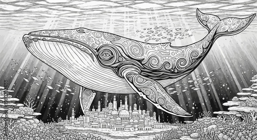 Intricate whale illustration swimming above underwater city in black and white