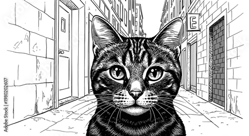 Cat portrait in alleyway detailed black and white illustration