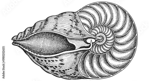 Detailed illustration of a nautilus shell showing its spiral structure and form