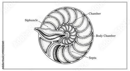 Nautilus shell section detailed cross sectional view for science and education