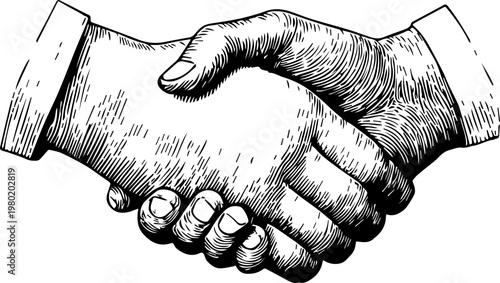 Hand Drawn Handshake Black and White Illustration in Minimal Line Art Style Design