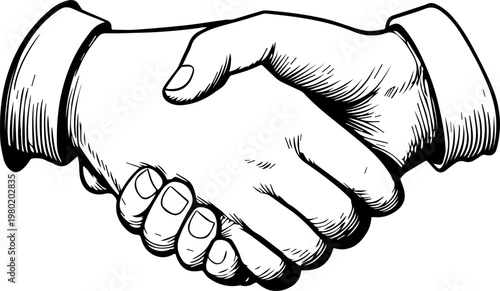 Hand Drawn Handshake Black and White Illustration in Minimal Line Art Style Design