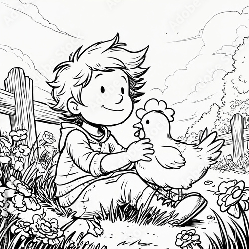 Farm Boy with Chicken Coloring Page Illustration
