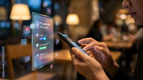 person interacting with smartphone showing social media metrics and engagement statistics on screen