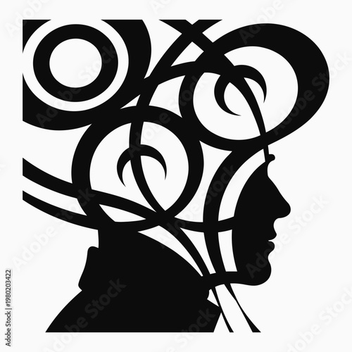 A black silhouette of a person's head with swirling lines