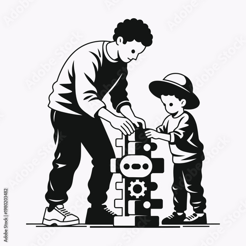 A man and a boy building a robot together
