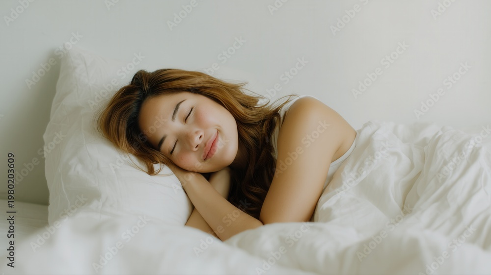 Fototapeta premium 穏やかな表情で眠る女性の姿。リラックスや快眠イメージに最適な素材。