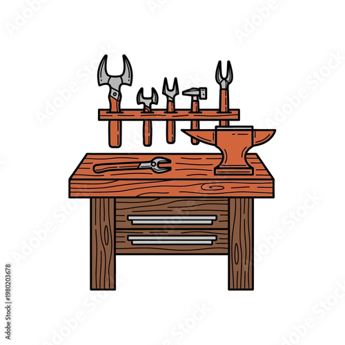 Outlined Vector Icon of a Smithy's Workbench with Tools, Organized Craft Station. transparent.