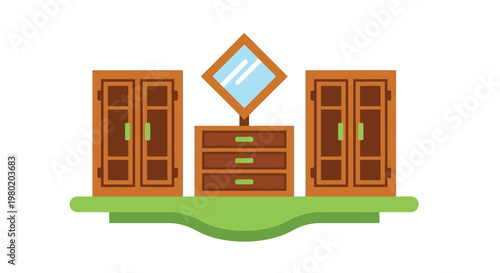 A flat design illustration depicts a wooden bedroom set including two wardrobes and a dresser with a mirror