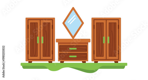 A cartoon illustration depicts a wooden dresser with two matching wardrobes and a wall mirror