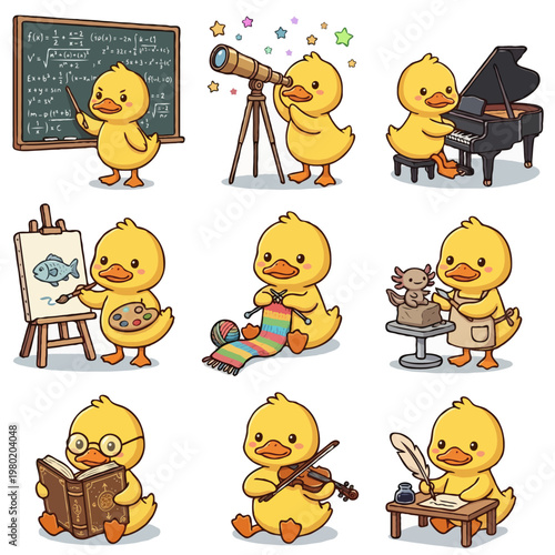 Set of 9 Cute Duckling Characters - Kawaii Yellow Duck as Math Teacher, Astronomer, Pianist, Artist, Knitting, Sculpting, Reading, Playing Violin, and Writing with Quill - Vector Illustration