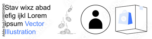 Financial transactions, e-commerce, user identity, digital payments, retail shopping, online purchases. Black person icon, falling coins shopping bag in box. User identity and financial transactions