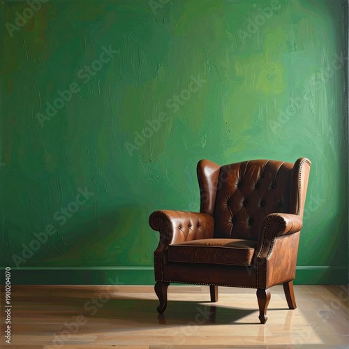 A classic leather armchair sits elegantly against a textured, vibrant green wall, creating a striking contrast of textures and colors in a minimalist interior setting.