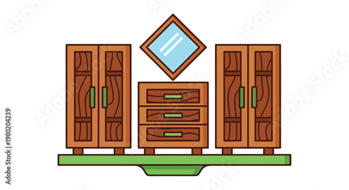 A colorful cartoon illustration depicts a wooden bedroom set including wardrobes a dresser and a mirror