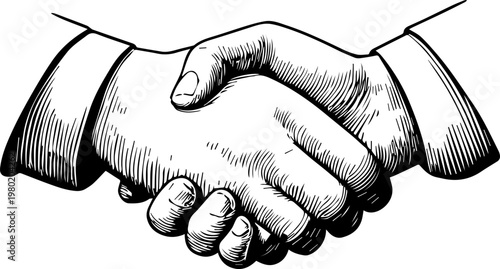 Hand Drawn Handshake Black and White Illustration in Minimal Line Art Style Design