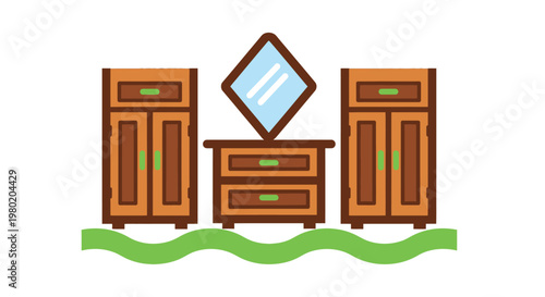 A simple colorful illustration depicts a bedroom dresser set with a mirror above it