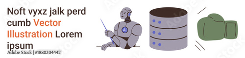 Artificial intelligence, data management, technology, protection, machine learning, computational power. A robot with AI text, a database icon and a boxing glove. Artificial intelligence and data