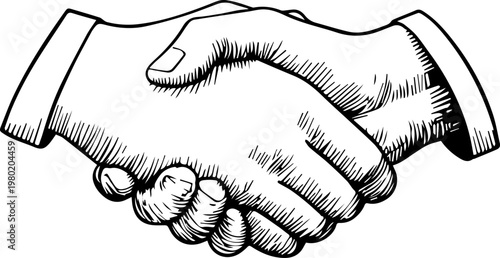 Hand Drawn Handshake Black and White Illustration in Minimal Line Art Style Design