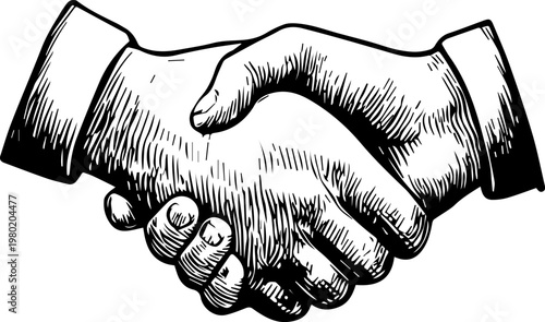 Hand Drawn Handshake Black and White Illustration in Minimal Line Art Style Design