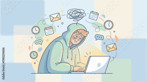 Busy Freelancer Overloaded with Tasks and Notifications Flat Illustration