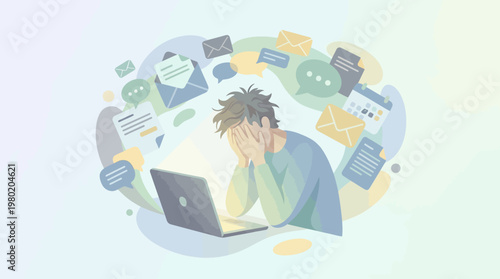 Stressed Freelancer Surrounded by Work Tasks and Laptop Mental Health Concept