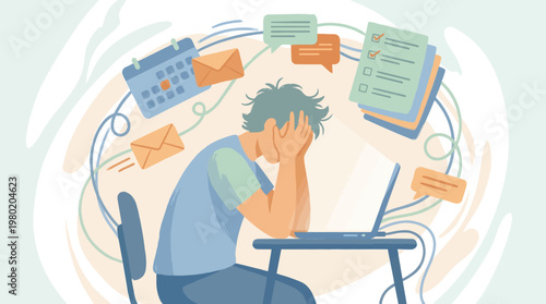 Freelancer Burnout with Tasks and Notifications Overwhelmed Flat Vector Illustration