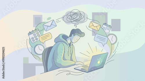 Overwhelmed Remote Worker Managing Multiple Tasks Modern Flat Vector.e