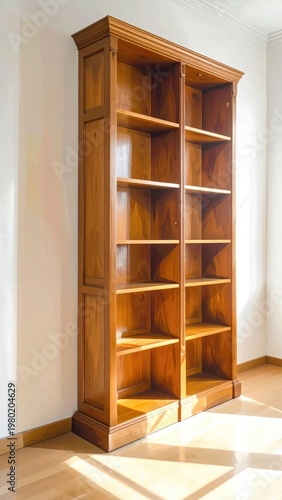 A tall, ornate wooden bookcase stands prominently in a brightly lit room, showcasing its classic design and ample storage space.
