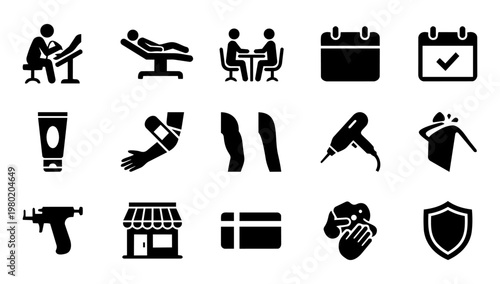 Tattoo Studio Services Silhouette Set, Tattoo Shop Business and Customer Journey Icons, Aftercare Consultation Vector