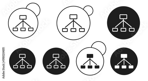 A series of black and white circular icons depicting hierarchical tree like diagrams