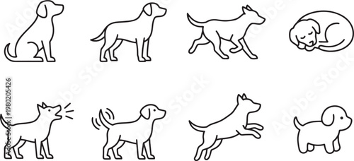 Collection of dog poses showing different behaviors and movements