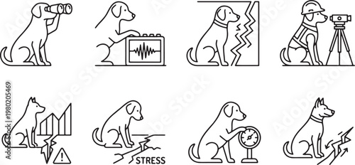 Earthquake Detection Dogs and Seismic Monitoring Service Icons Set