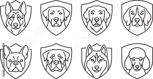 Dog Breed Portraits in Shield Security and Protection Icons