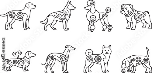 Mechanical steampunk dog icons featuring clockwork gears and industrial machinery