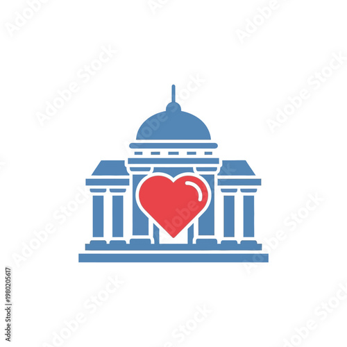 Icon of a heart in front of a building symbolizing philanthropy, charity, and community support