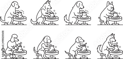 Cute dogs sitting and making pottery on a spinning wheel