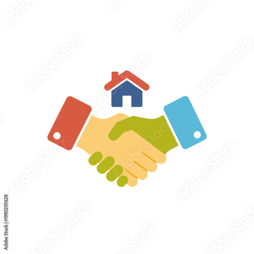 Colorful flat icon depicting a successful real estate partnership or home acquisition agreement, symbolized by a firm handshake above a house, representing trust and mutual benefit
