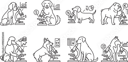 Smart dogs conducting scientific research on financial data with microscopes